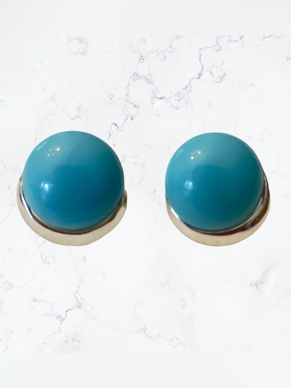 Beautiful Vintage Bergere Clip On Earrings Silver Trim Light Blue Cabochon 1”